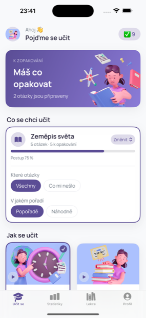 Hlavní obrazovka učení v Droplingu