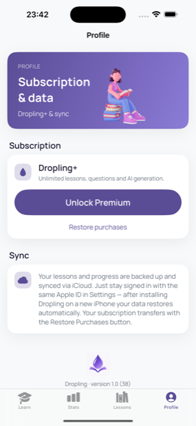 The Profile screen in Dropling