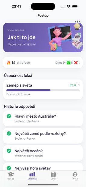 Obrazovka Statistiky v Droplingu